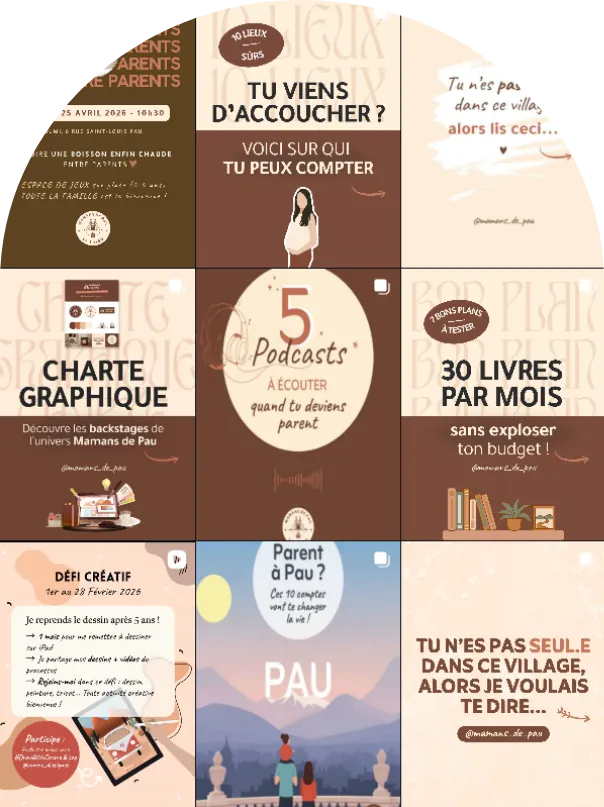 Aperçu de la grille Instagram @mamans_de_pau : carrousels sur les cafés entre parents, l'accouchement, des podcasts et des livres