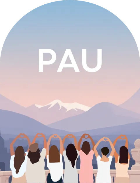 Illustration : des mamans de dos font des cœurs avec leurs mains face aux Pyrénées, sous le mot PAU